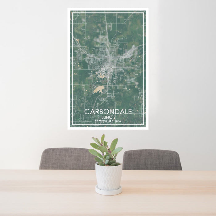 24x36 Carbondale Illinois Map Print Portrait Orientation in Afternoon Style Behind 2 Chairs Table and Potted Plant