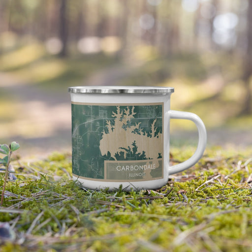 Right View Custom Carbondale Illinois Map Enamel Mug in Afternoon on Grass With Trees in Background
