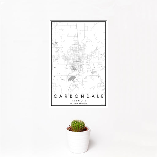 12x18 Carbondale Illinois Map Print Portrait Orientation in Classic Style With Small Cactus Plant in White Planter