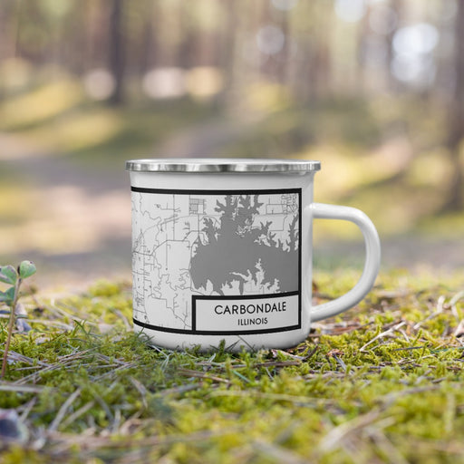 Right View Custom Carbondale Illinois Map Enamel Mug in Classic on Grass With Trees in Background