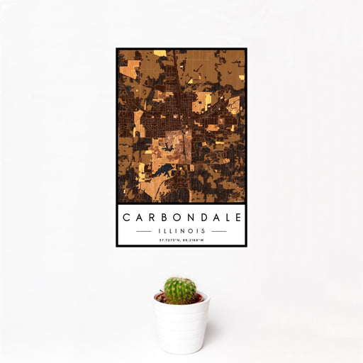 12x18 Carbondale Illinois Map Print Portrait Orientation in Ember Style With Small Cactus Plant in White Planter