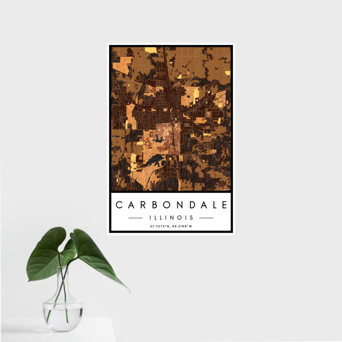 16x24 Carbondale Illinois Map Print Portrait Orientation in Ember Style With Tropical Plant Leaves in Water