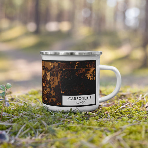 Right View Custom Carbondale Illinois Map Enamel Mug in Ember on Grass With Trees in Background