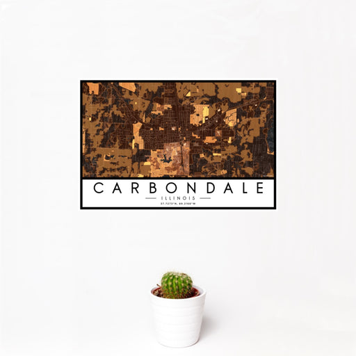 12x18 Carbondale Illinois Map Print Landscape Orientation in Ember Style With Small Cactus Plant in White Planter
