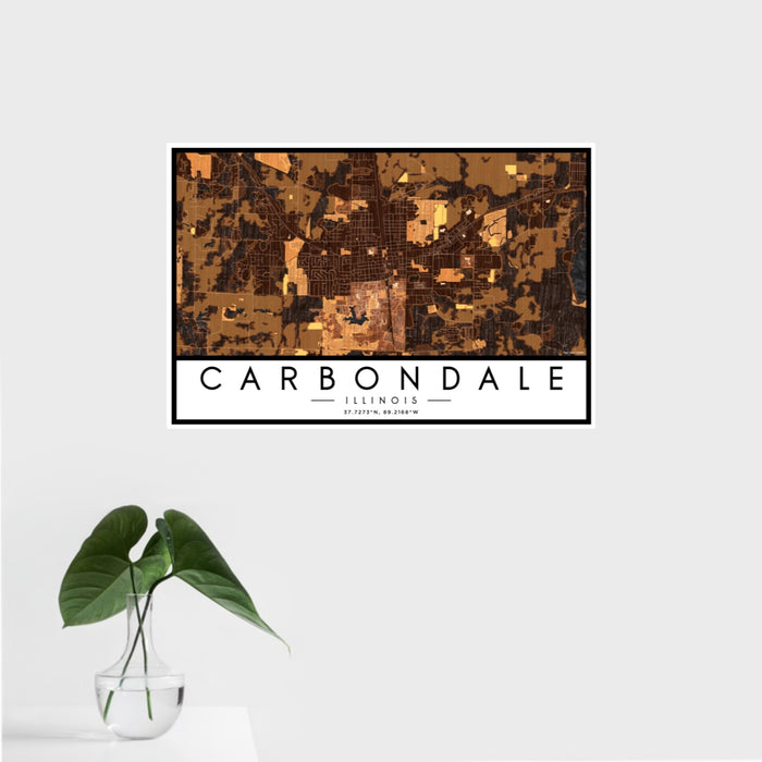 16x24 Carbondale Illinois Map Print Landscape Orientation in Ember Style With Tropical Plant Leaves in Water
