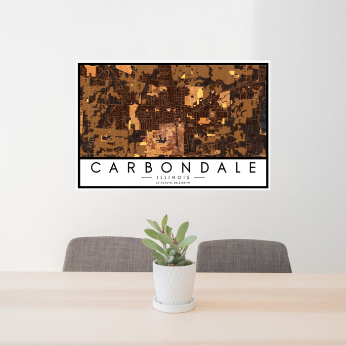24x36 Carbondale Illinois Map Print Landscape Orientation in Ember Style Behind 2 Chairs Table and Potted Plant