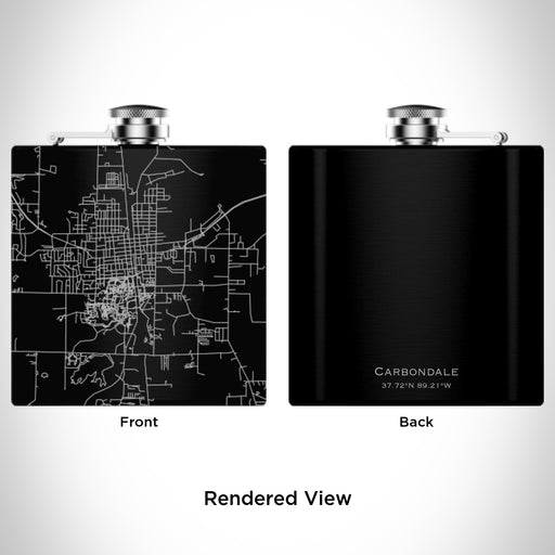 Rendered View of Carbondale Illinois Map Engraving on 6oz Stainless Steel Flask in Black