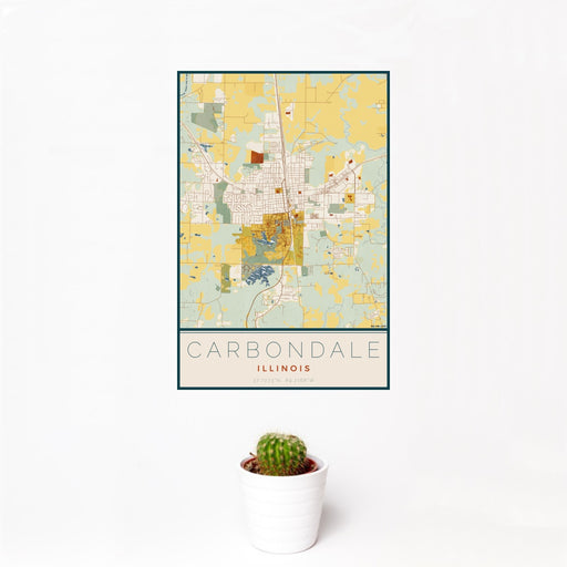 12x18 Carbondale Illinois Map Print Portrait Orientation in Woodblock Style With Small Cactus Plant in White Planter