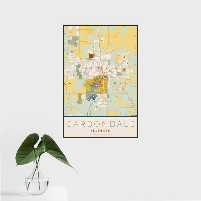16x24 Carbondale Illinois Map Print Portrait Orientation in Woodblock Style With Tropical Plant Leaves in Water