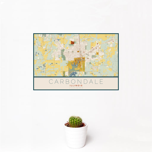 12x18 Carbondale Illinois Map Print Landscape Orientation in Woodblock Style With Small Cactus Plant in White Planter