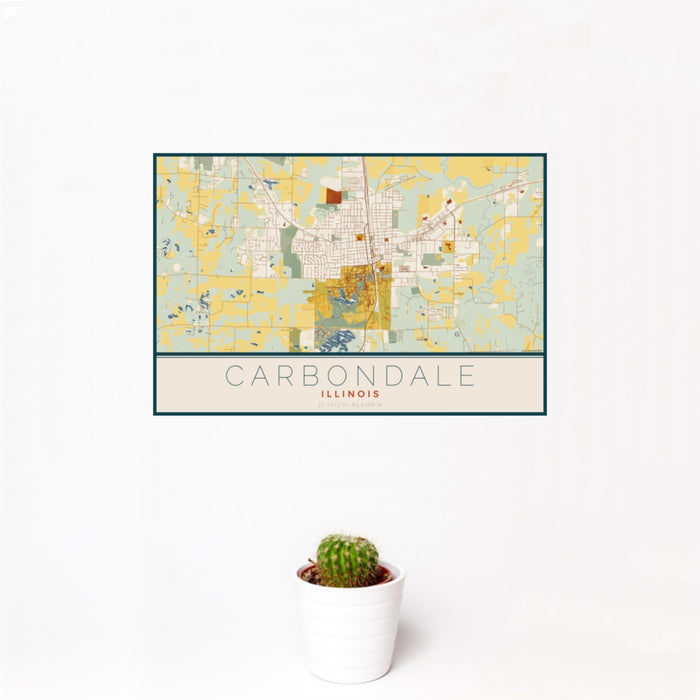 12x18 Carbondale Illinois Map Print Landscape Orientation in Woodblock Style With Small Cactus Plant in White Planter