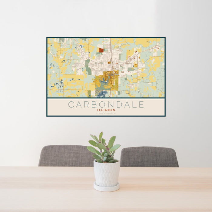 24x36 Carbondale Illinois Map Print Landscape Orientation in Woodblock Style Behind 2 Chairs Table and Potted Plant