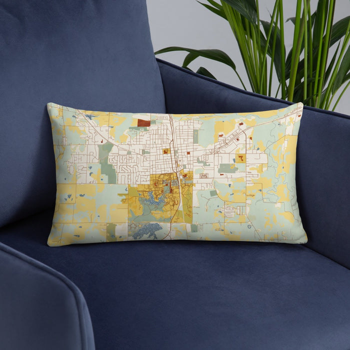Custom Carbondale Illinois Map Throw Pillow in Woodblock on Blue Colored Chair