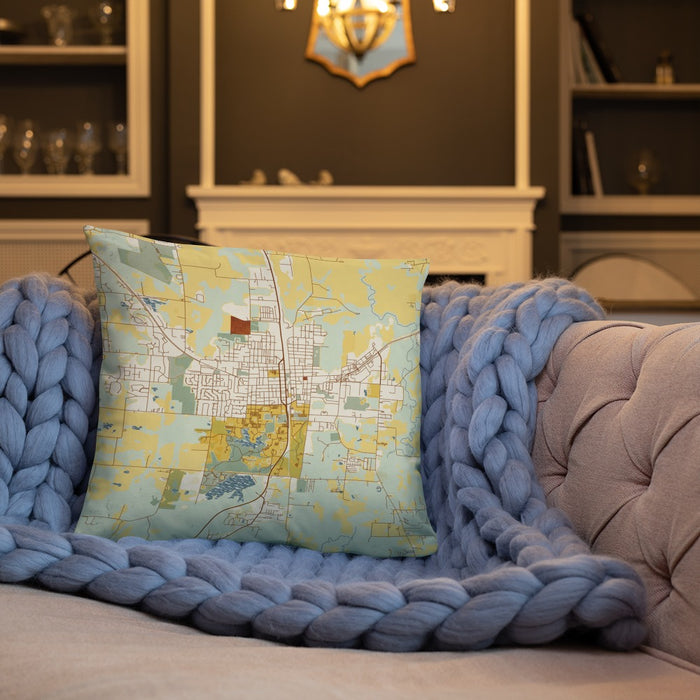 Custom Carbondale Illinois Map Throw Pillow in Woodblock on Cream Colored Couch