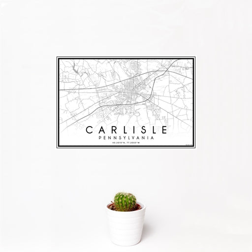 12x18 Carlisle Pennsylvania Map Print Landscape Orientation in Classic Style With Small Cactus Plant in White Planter