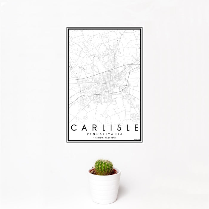 12x18 Carlisle Pennsylvania Map Print Portrait Orientation in Classic Style With Small Cactus Plant in White Planter
