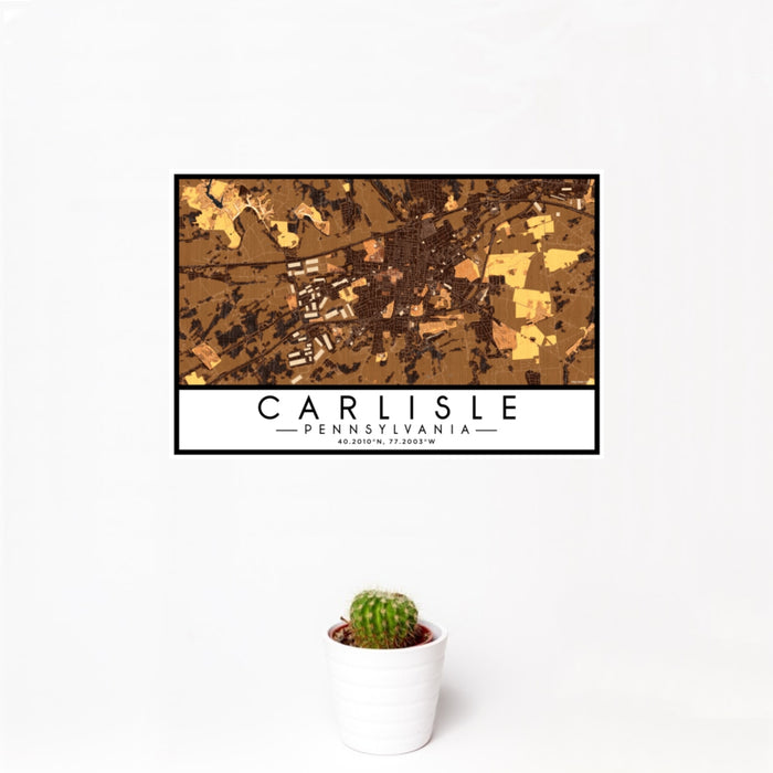 12x18 Carlisle Pennsylvania Map Print Landscape Orientation in Ember Style With Small Cactus Plant in White Planter