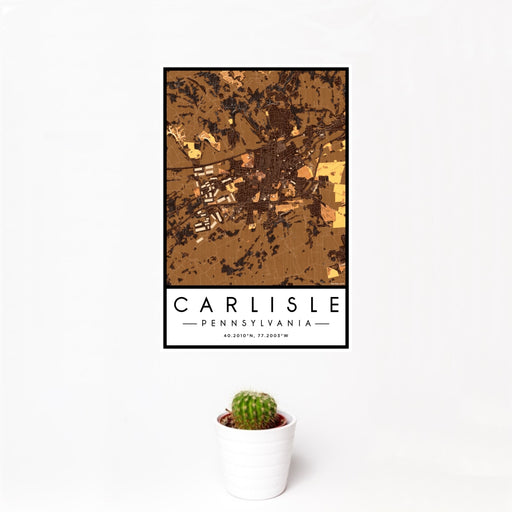12x18 Carlisle Pennsylvania Map Print Portrait Orientation in Ember Style With Small Cactus Plant in White Planter