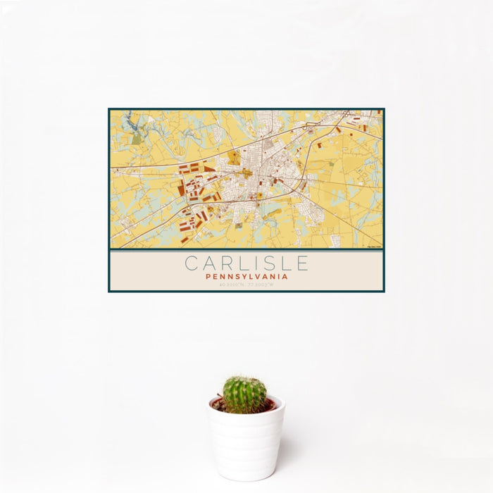 12x18 Carlisle Pennsylvania Map Print Landscape Orientation in Woodblock Style With Small Cactus Plant in White Planter