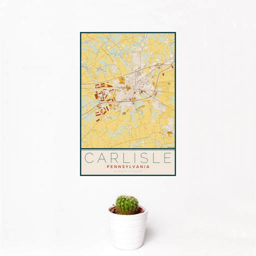 12x18 Carlisle Pennsylvania Map Print Portrait Orientation in Woodblock Style With Small Cactus Plant in White Planter