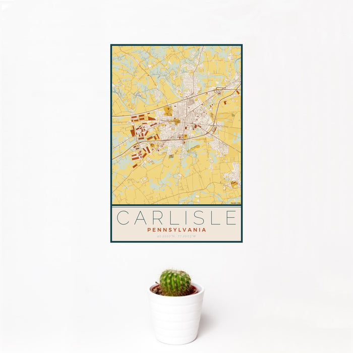 12x18 Carlisle Pennsylvania Map Print Portrait Orientation in Woodblock Style With Small Cactus Plant in White Planter