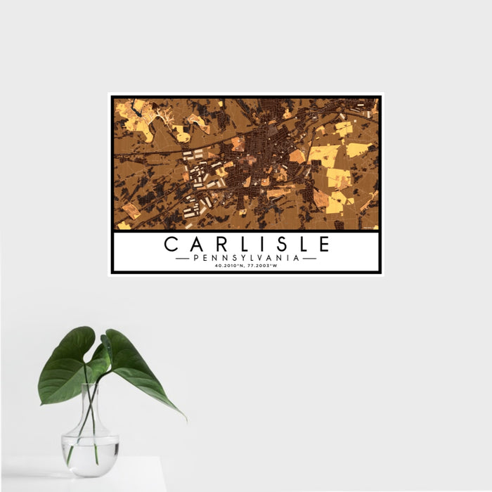 16x24 Carlisle Pennsylvania Map Print Landscape Orientation in Ember Style With Tropical Plant Leaves in Water