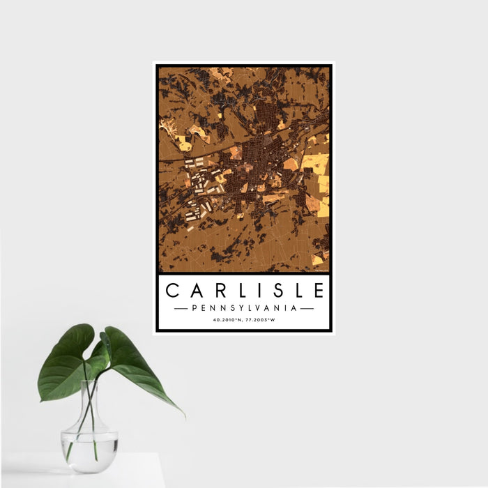 16x24 Carlisle Pennsylvania Map Print Portrait Orientation in Ember Style With Tropical Plant Leaves in Water