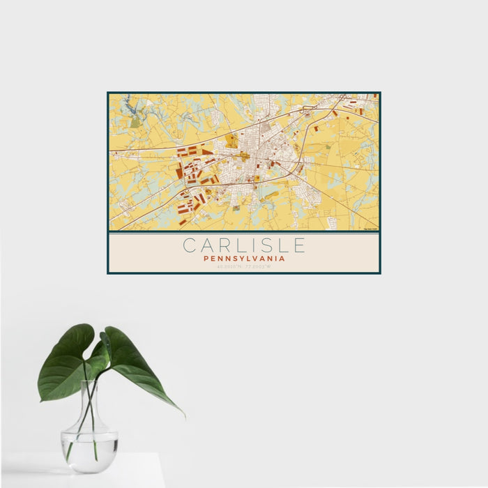 16x24 Carlisle Pennsylvania Map Print Landscape Orientation in Woodblock Style With Tropical Plant Leaves in Water