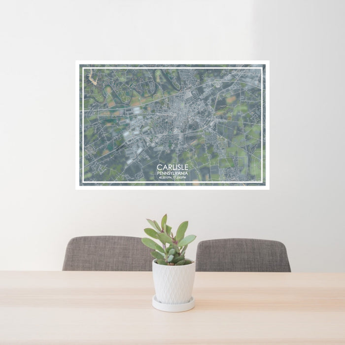 24x36 Carlisle Pennsylvania Map Print Lanscape Orientation in Afternoon Style Behind 2 Chairs Table and Potted Plant