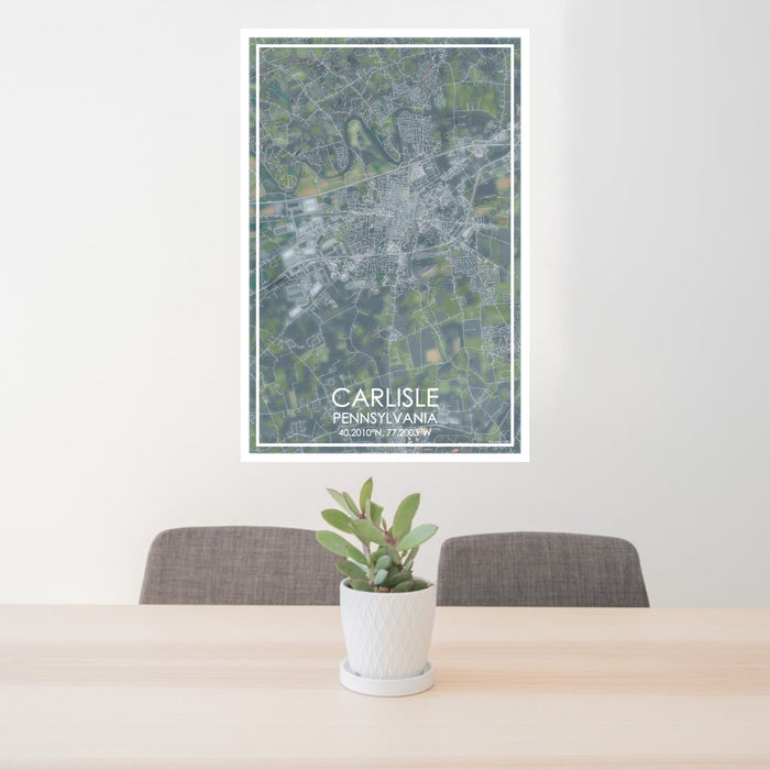 24x36 Carlisle Pennsylvania Map Print Portrait Orientation in Afternoon Style Behind 2 Chairs Table and Potted Plant