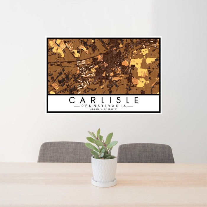 24x36 Carlisle Pennsylvania Map Print Lanscape Orientation in Ember Style Behind 2 Chairs Table and Potted Plant
