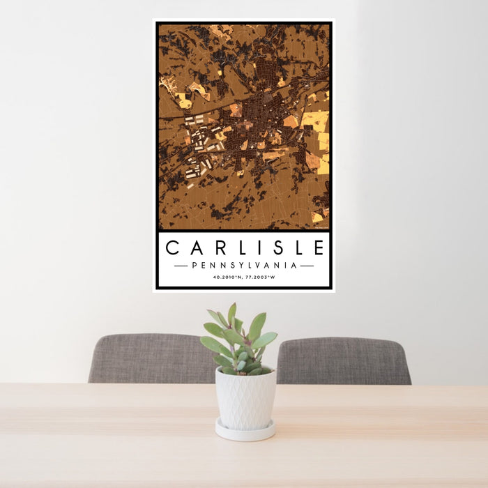 24x36 Carlisle Pennsylvania Map Print Portrait Orientation in Ember Style Behind 2 Chairs Table and Potted Plant