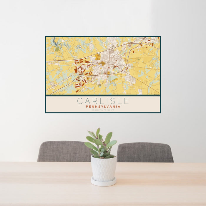 24x36 Carlisle Pennsylvania Map Print Lanscape Orientation in Woodblock Style Behind 2 Chairs Table and Potted Plant