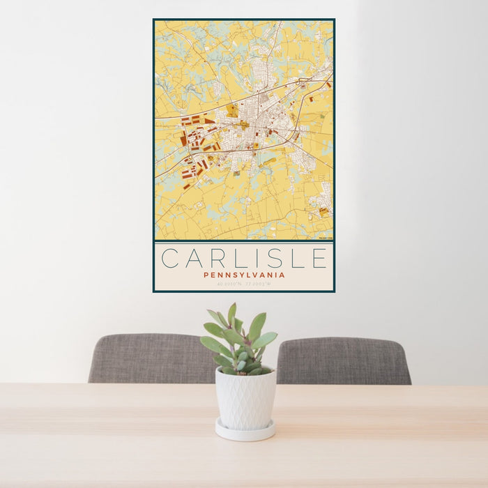 24x36 Carlisle Pennsylvania Map Print Portrait Orientation in Woodblock Style Behind 2 Chairs Table and Potted Plant