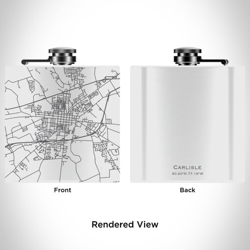 Rendered View of Carlisle Pennsylvania Map Engraving on 6oz Stainless Steel Flask in White