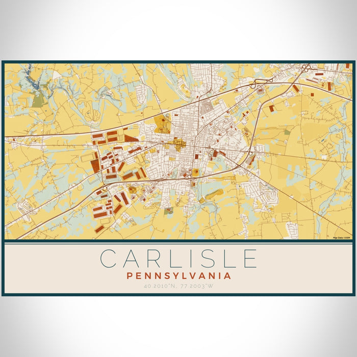Carlisle Pennsylvania Map Print Landscape Orientation in Woodblock Style With Shaded Background