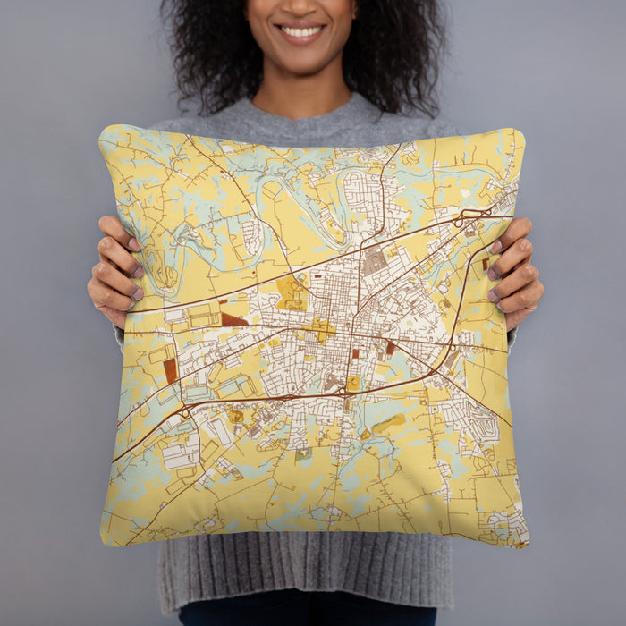 Person holding 18x18 Custom Carlisle Pennsylvania Map Throw Pillow in Woodblock