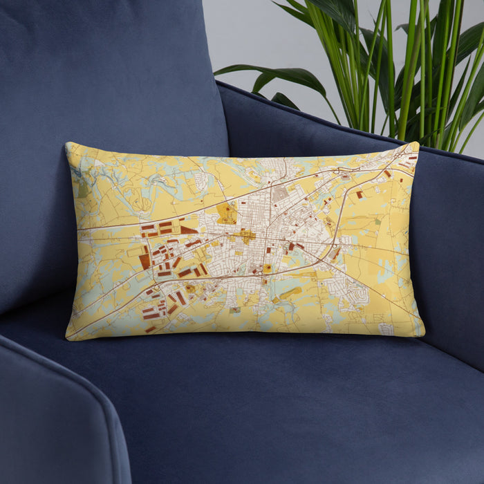 Custom Carlisle Pennsylvania Map Throw Pillow in Woodblock on Blue Colored Chair
