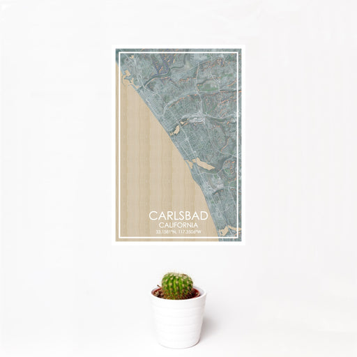 12x18 Carlsbad California Map Print Portrait Orientation in Afternoon Style With Small Cactus Plant in White Planter
