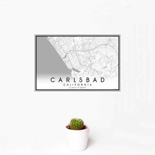 12x18 Carlsbad California Map Print Landscape Orientation in Classic Style With Small Cactus Plant in White Planter