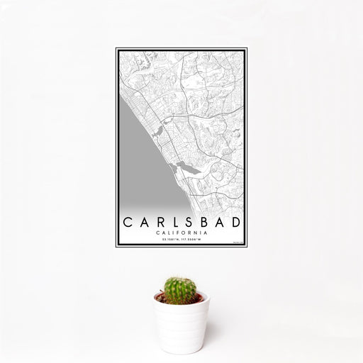 12x18 Carlsbad California Map Print Portrait Orientation in Classic Style With Small Cactus Plant in White Planter