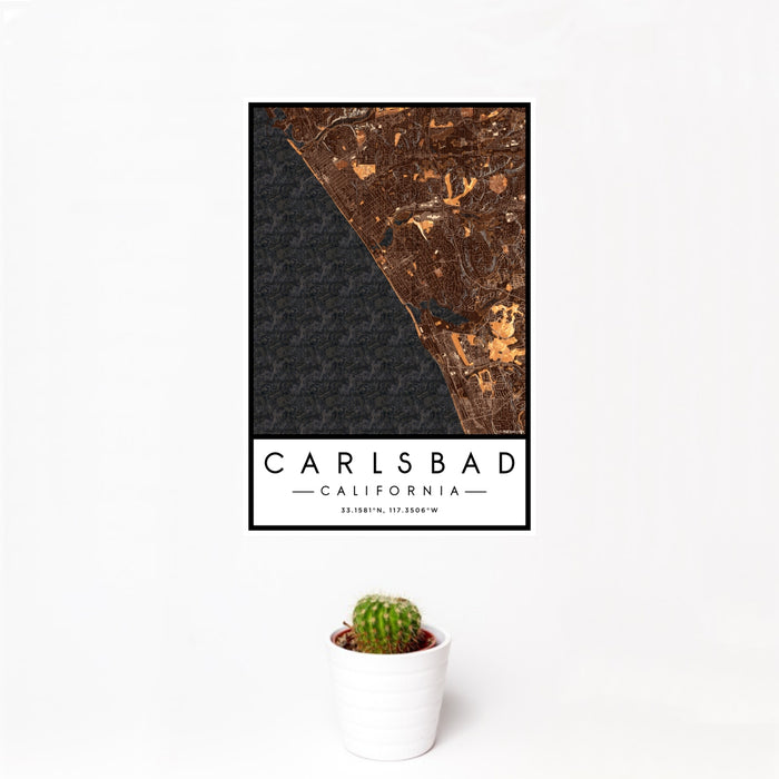 12x18 Carlsbad California Map Print Portrait Orientation in Ember Style With Small Cactus Plant in White Planter