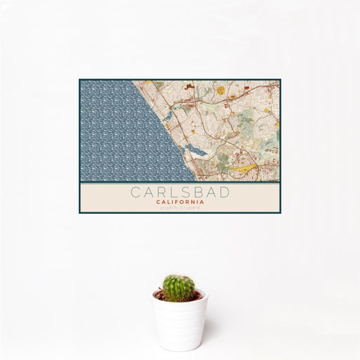 12x18 Carlsbad California Map Print Landscape Orientation in Woodblock Style With Small Cactus Plant in White Planter