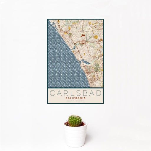 12x18 Carlsbad California Map Print Portrait Orientation in Woodblock Style With Small Cactus Plant in White Planter