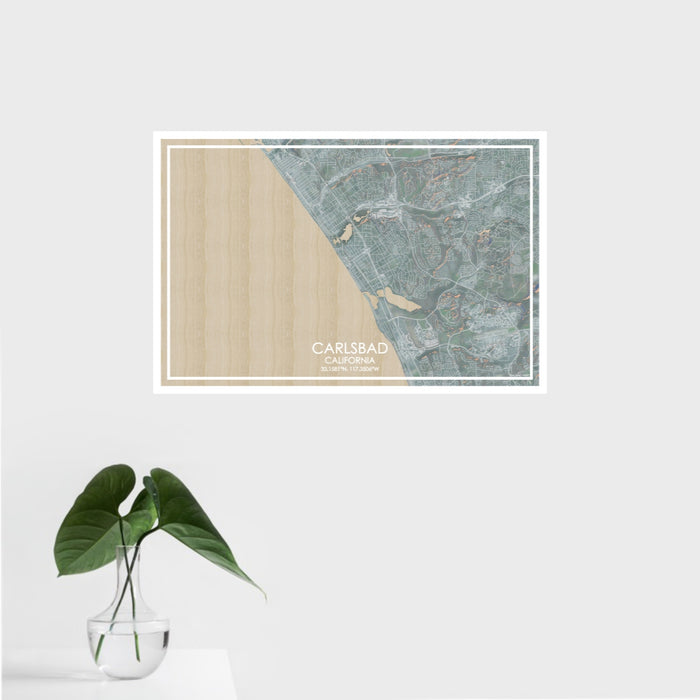 16x24 Carlsbad California Map Print Landscape Orientation in Afternoon Style With Tropical Plant Leaves in Water
