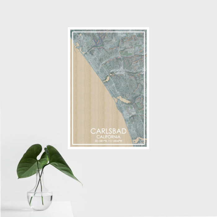 16x24 Carlsbad California Map Print Portrait Orientation in Afternoon Style With Tropical Plant Leaves in Water