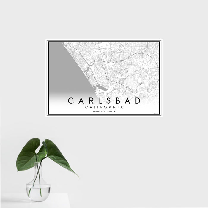 16x24 Carlsbad California Map Print Landscape Orientation in Classic Style With Tropical Plant Leaves in Water