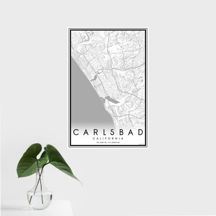 16x24 Carlsbad California Map Print Portrait Orientation in Classic Style With Tropical Plant Leaves in Water