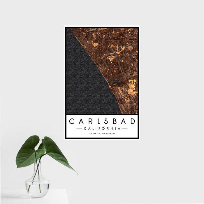 16x24 Carlsbad California Map Print Portrait Orientation in Ember Style With Tropical Plant Leaves in Water