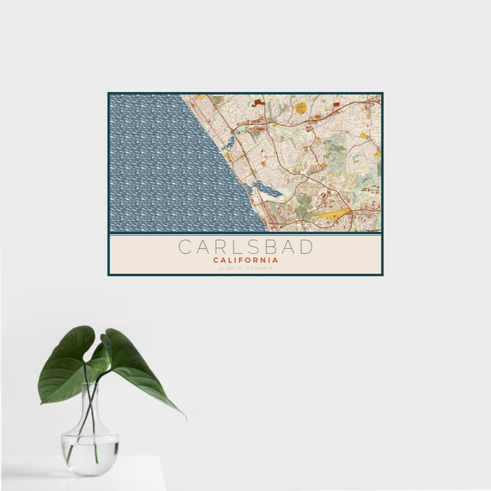 16x24 Carlsbad California Map Print Landscape Orientation in Woodblock Style With Tropical Plant Leaves in Water